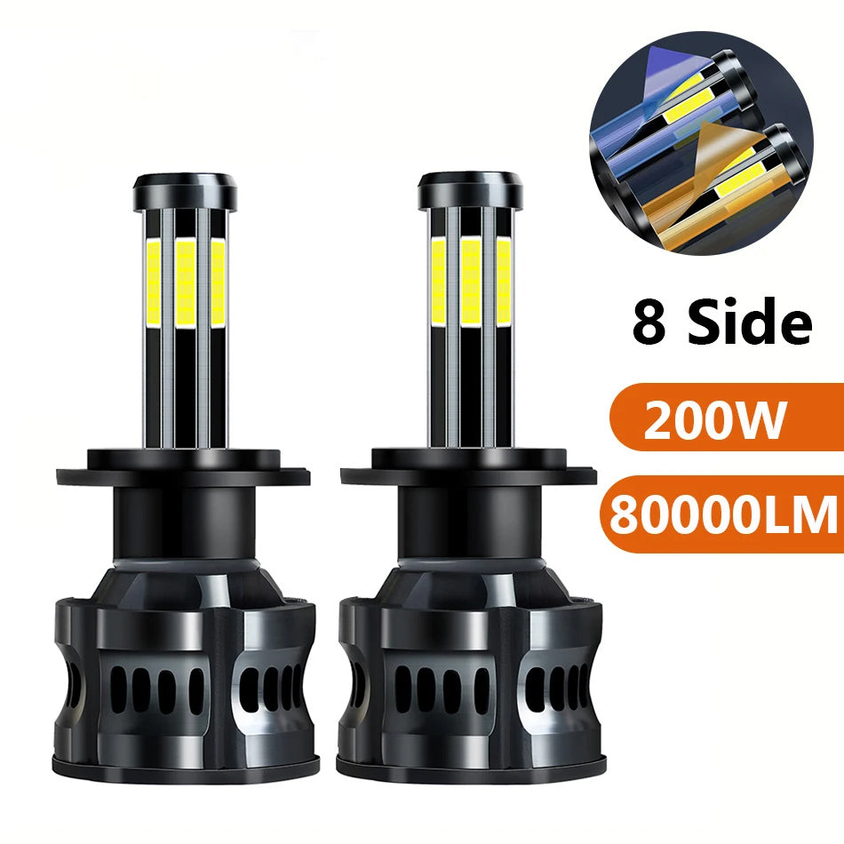 360 H7 LED Canbus 8 Sides Turbo H8 H11 9005 HIR2 HB3 HB4 LED 3D 80000LM 200W Headlight 3000K 6000K 8000K Auto Light