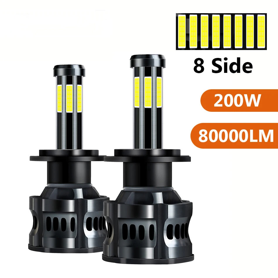 8 Sides Led 12V H8 H11 H7 LED 80000LM HB3 9005 HB4 H1 H3 H4 Led Headlight Bulb Canbus 200W 3D 360 degree Super Auto Lamp