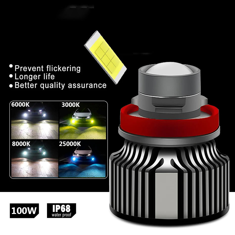 H8 H7 H11 9005 HB3 9006 HB4 Car LED Canbus Powerful Fog Light Bulbs 3000K 6000K 8000K 100W 12V Lens Fog Lamp Bulb