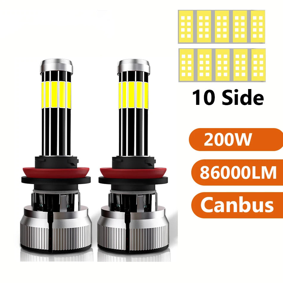 H7 LED Light 10 Sides H4 Led Lamps 200W 86000LM H11 H9 H8 Car Headlight 9005 HB3 9006 HB4 6000K Auto Bulbs 360 Degree 12V