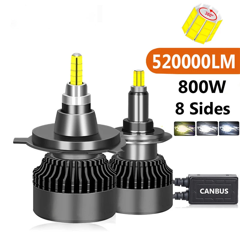 H4 H1 520000LM 800W Canbus Car Headlight Bulb 360 H7 LED HB3 HB4 9012 HIR2 D1S D2S Led H11 9006 9005 Fog Lamps 6000K 12V