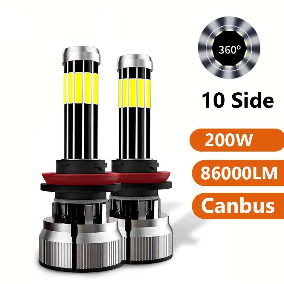 H7 LED Light 10 Sides H4 Led Lamps 86000LM H11 H9 H8 Car Headlight 9005 HB3 9006 HB4 6000K 200W Auto Bulbs 360 Degree 12V