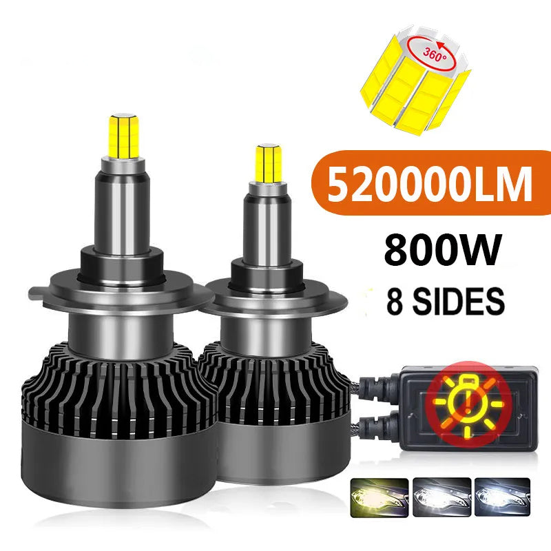 H7 LED Canbus 360 H4 H1 520000LM 800W HB3 HB4 9012 Turbo Bi Led Projector Lens H11 9005 Car Headlight Bulb Fog Lamp 6000K